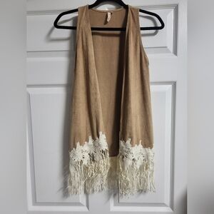 Red Camel Faux Suede Vest with Crochted Fringe- size S